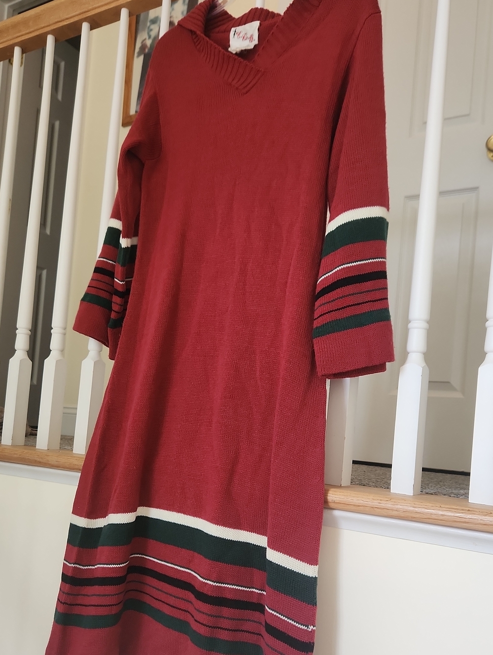 Red Long Sleeve Knit Dress with Striped Hem and Cuffs